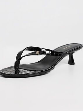 Anine Bing Black Patent Croc-Texture Thong Kitten Heel